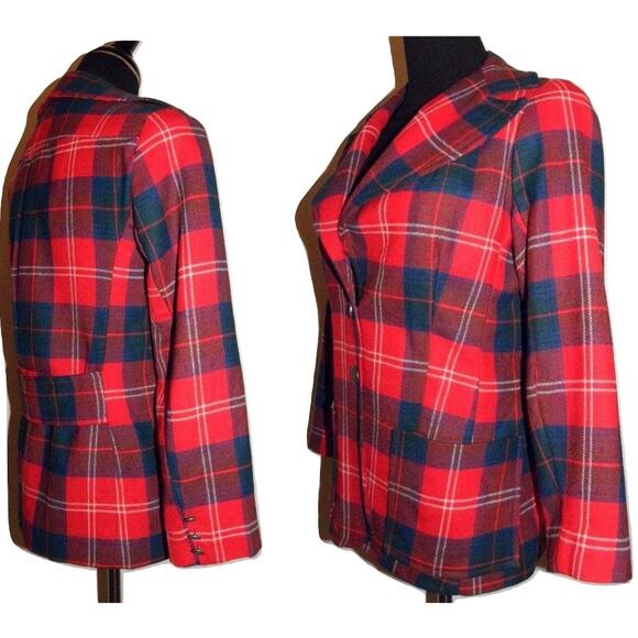 70s RED Plaid Blazer | Tartan Jacket Wide Notched Collar MOD Punk - Picture 3 of 10